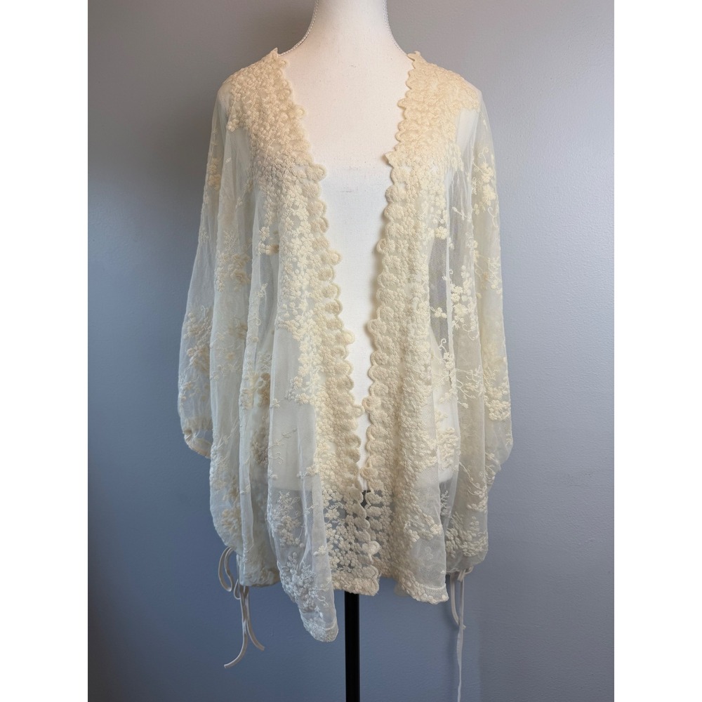 Umgee M/L Cream Floral Lace Kimono Cardigan Sheer Boho Wrap Floral Layer